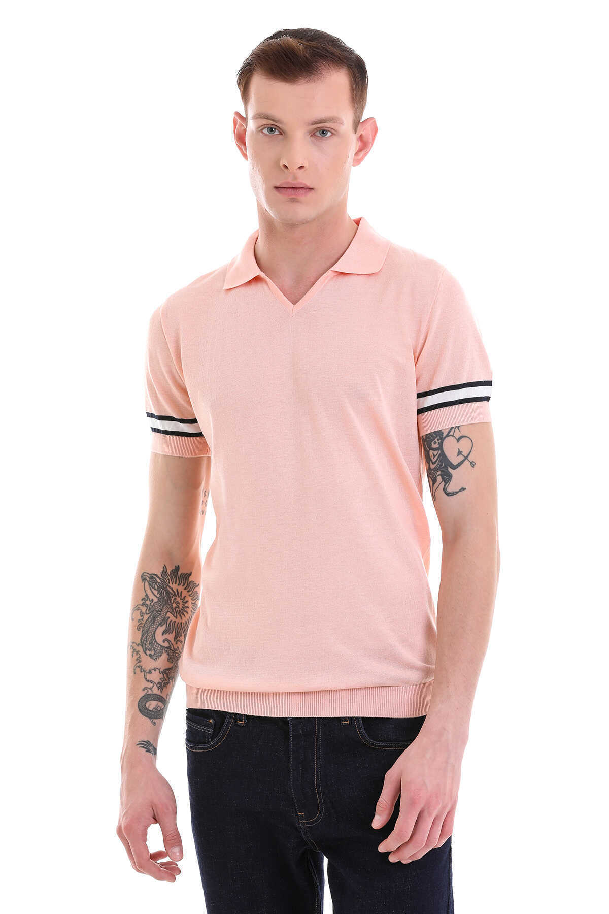 Pembe Slim Fit Çizgili Polo Yaka Tişört - 1