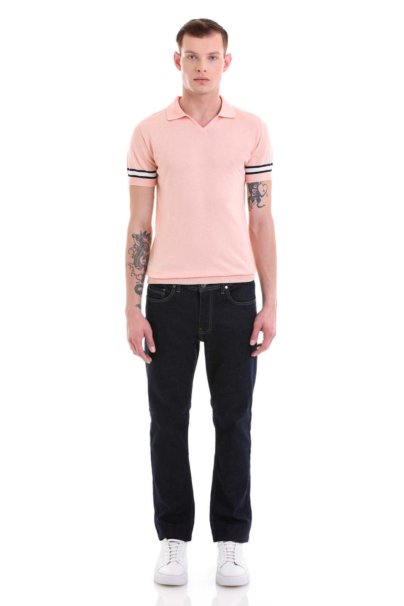 Pembe Slim Fit Çizgili Polo Yaka Tişört - Hatem Saykı (1)