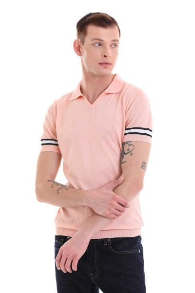 Pembe Slim Fit Çizgili Polo Yaka Tişört - 4