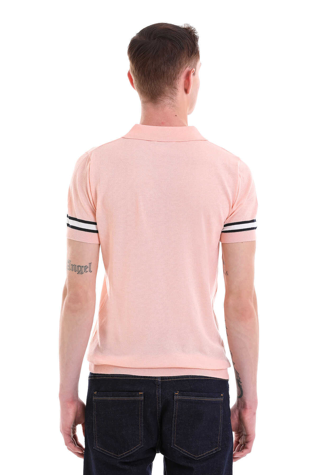 Pembe Slim Fit Çizgili Polo Yaka Tişört - 6