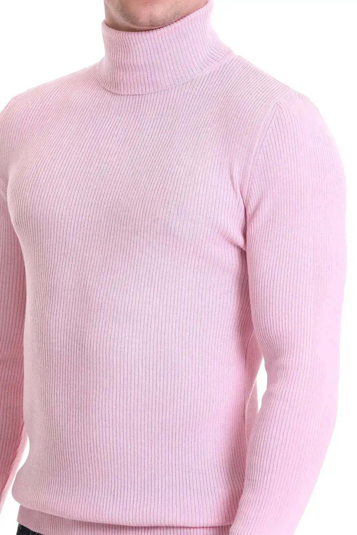 Pembe Slim Fit Fitilli Balıkçı Yaka Yünlü Triko Kazak - 4