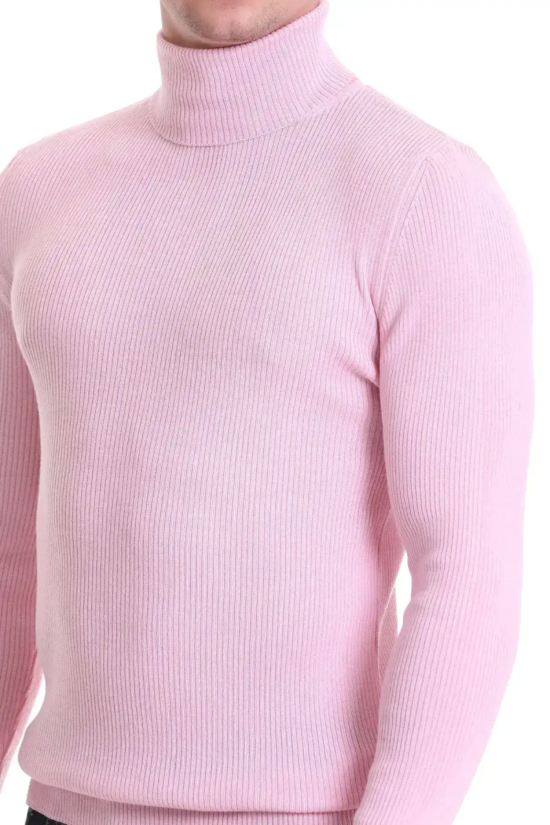 Pembe Slim Fit Fitilli Balıkçı Yaka Yünlü Triko Kazak - Hatem Saykı (1)