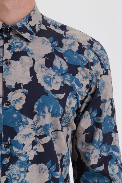 Petrol Baskılı Slim Fit Gömlek - 4