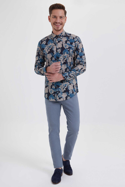 Petrol Baskılı Slim Fit Gömlek - 2