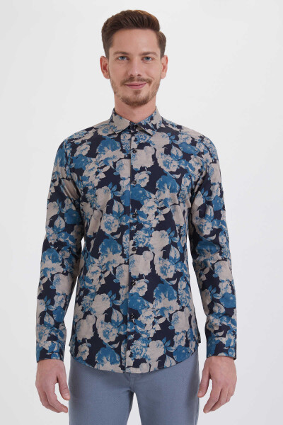 Petrol Baskılı Slim Fit Gömlek - 1