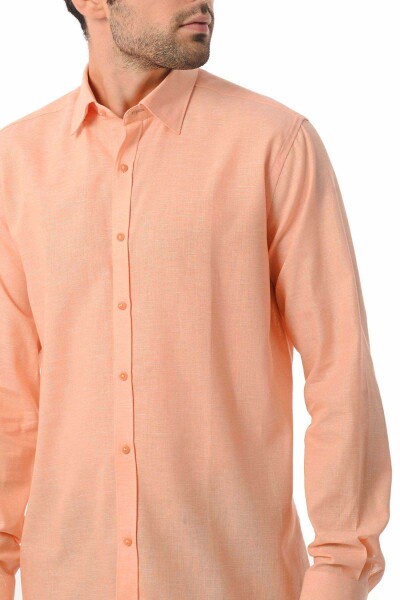 Turuncu Regular Fit Keten Gömlek - 4