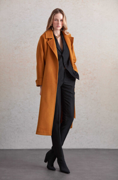 Saykı Woman Safran Regular Fit Kemerli Yün Diana Manto - 9