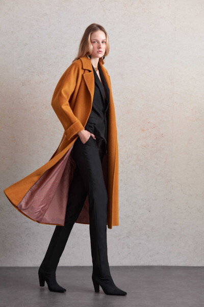 Saykı Woman Safran Regular Fit Kemerli Yün Diana Manto - 10