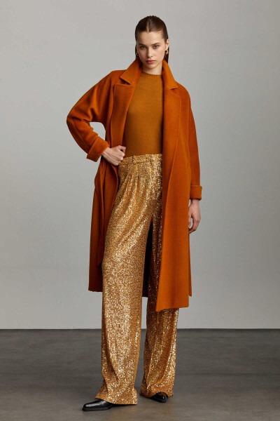 Saykı Woman Safran Regular Fit Mono Yaka Yünlü Kemerli Basic Kaşe Manto - 2