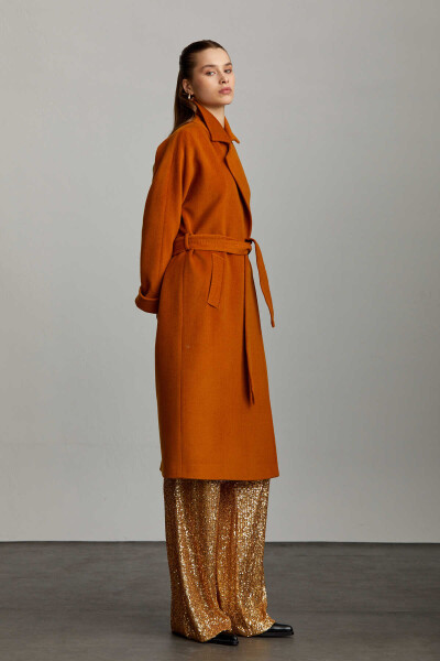 Saykı Woman Safran Regular Fit Mono Yaka Yünlü Kemerli Basic Kaşe Manto - 8