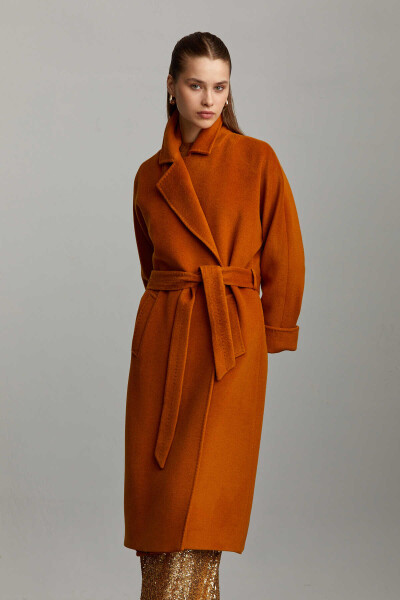 Saykı Woman Safran Regular Fit Mono Yaka Yünlü Kemerli Basic Kaşe Manto - 3