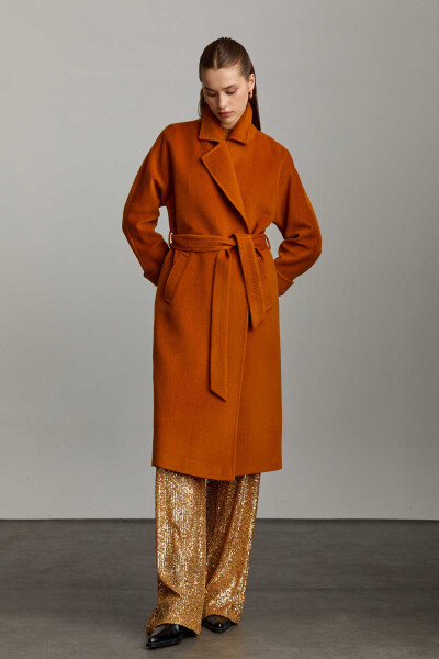 Saykı Woman Safran Regular Fit Mono Yaka Yünlü Kemerli Basic Kaşe Manto - 9