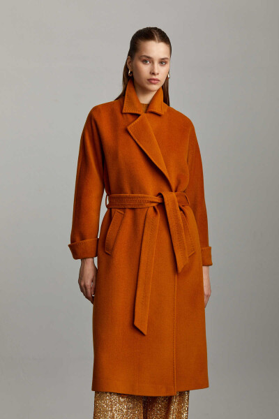 Saykı Woman Safran Regular Fit Mono Yaka Yünlü Kemerli Basic Kaşe Manto - 10