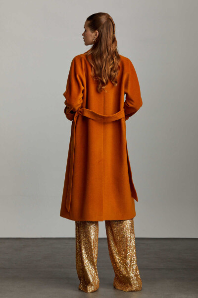 Saykı Woman Safran Regular Fit Mono Yaka Yünlü Kemerli Basic Kaşe Manto - 11