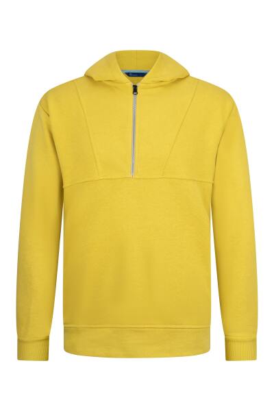 Sarı Regular Fit Fermuarlı Kapüşonlu Sweatshirt 