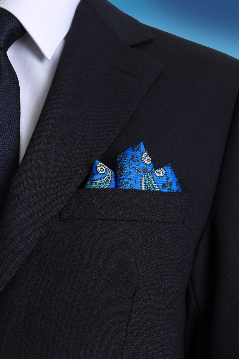 Mavi Desenli Klasik Saten Cep Mendili - Hatem Saykı