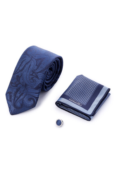 Saks Üçlü Yaka Rozeti Kravat Mendil Set - 3