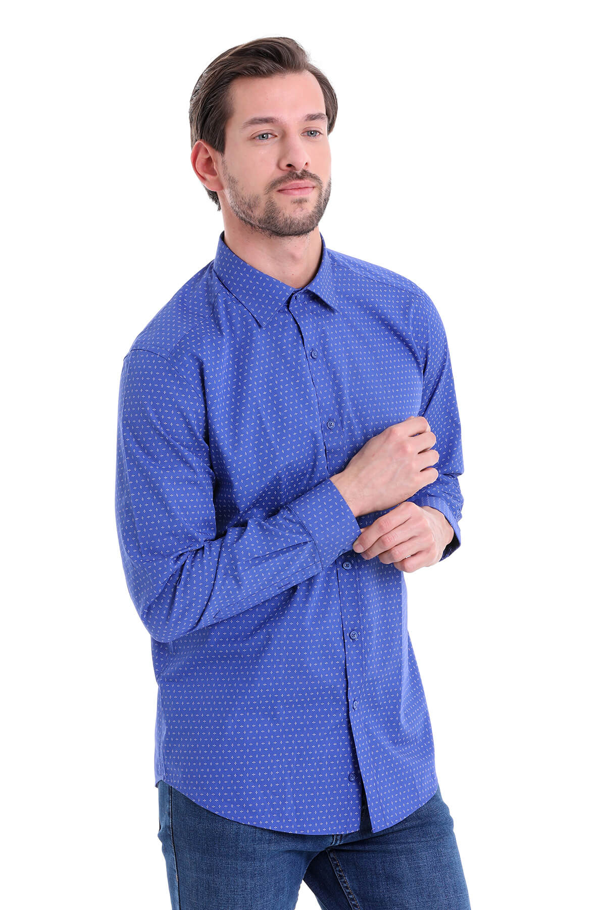 Saks Mavi Regular Fit Baskılı %100 Pamuk Slim Yaka Uzun Kollu Gömlek