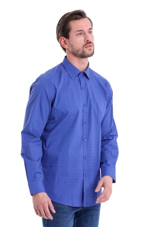 Saks Mavi Regular Fit Baskılı %100 Pamuk Slim Yaka Uzun Kollu Gömlek - Thumbnail