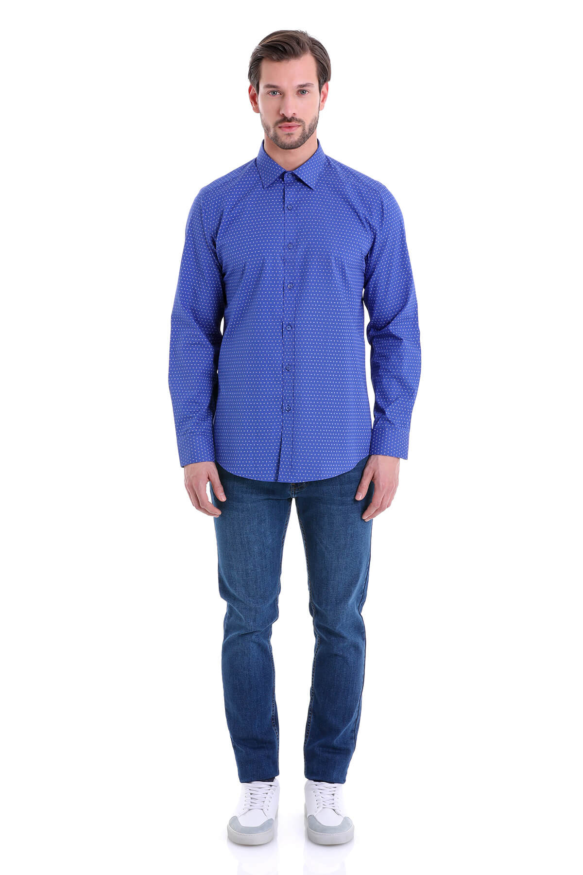 Saks Mavi Regular Fit Baskılı %100 Pamuk Slim Yaka Uzun Kollu Gömlek