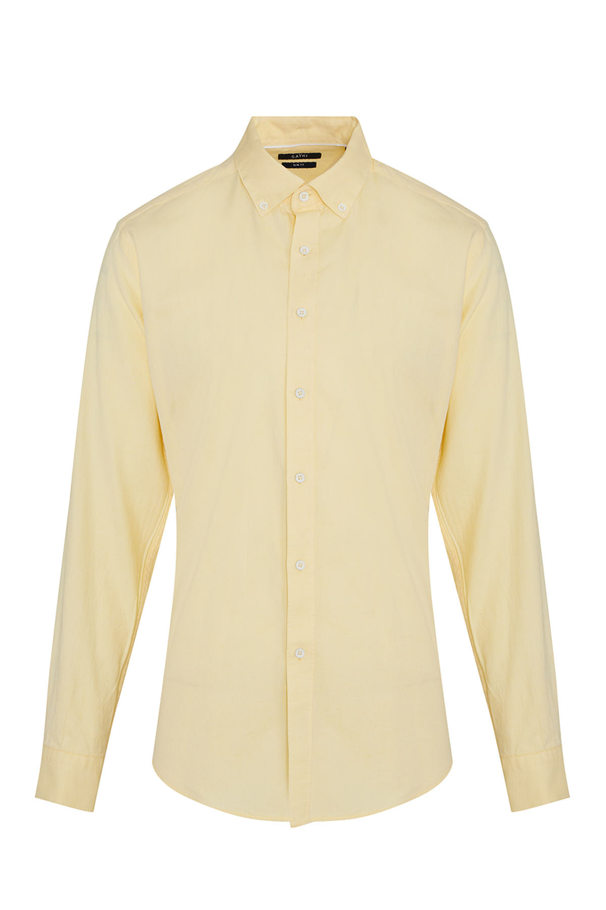 Sarı Slim Fit Düz 100% Pamuk Düğmeli Yaka Uzun Kollu Casual Gömlek