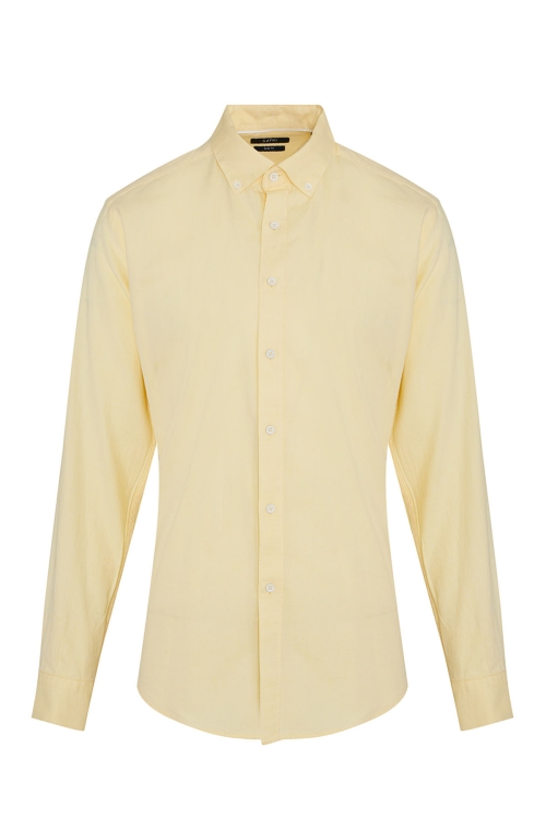 Hatem Saykı - Sarı Slim Fit Düz 100% Pamuk Düğmeli Yaka Uzun Kollu Casual Gömlek