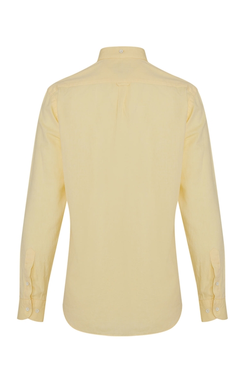 Sarı Slim Fit Düz 100% Pamuk Düğmeli Yaka Uzun Kollu Casual Gömlek - Thumbnail (1)