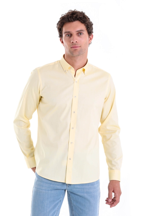 Hatem Saykı - Sarı Comfort Fit Düz 100% Pamuk Düğmeli Yaka Uzun Kollu Casual Gömlek