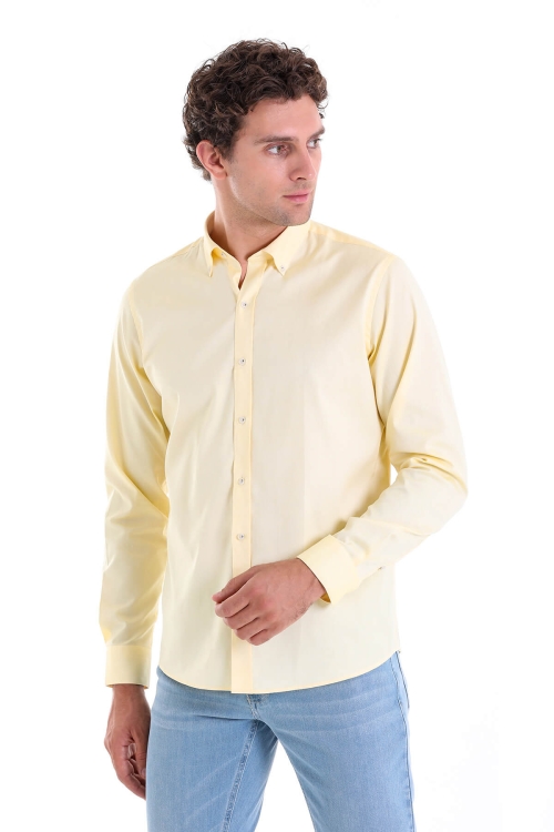 Sarı Comfort Fit Düz 100% Pamuk Düğmeli Yaka Uzun Kollu Casual Gömlek - Thumbnail (1)