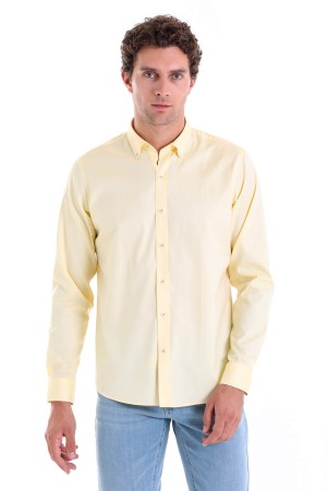 Sarı Comfort Fit Düz 100% Pamuk Düğmeli Yaka Uzun Kollu Casual Gömlek - Thumbnail