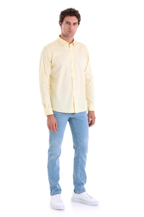 Sarı Comfort Fit Düz 100% Pamuk Düğmeli Yaka Uzun Kollu Casual Gömlek - Thumbnail (3)