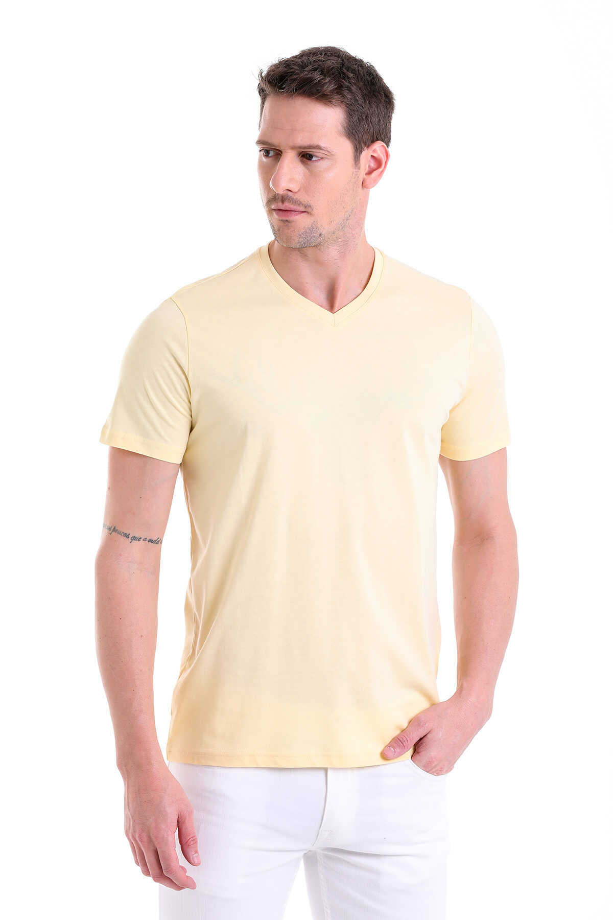 Sarı Regular Fit Düz 100% Pamuklu V Yaka Tişört - 1
