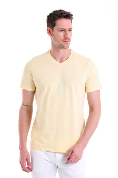 Sarı Regular Fit Düz 100% Pamuklu V Yaka Tişört - 2