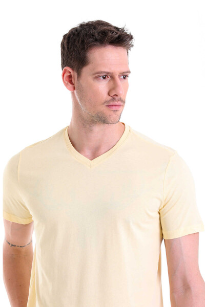 Sarı Regular Fit Düz 100% Pamuklu V Yaka Tişört - 3