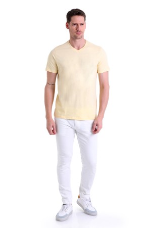 Sarı Slim Fit Düz 100% Pamuk V Yaka Tişört - Thumbnail