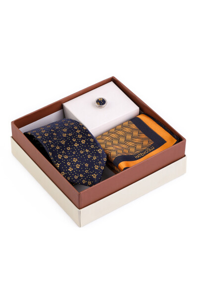 Sarı Üçlü Yaka Rozeti Kravat Mendil Set - 3