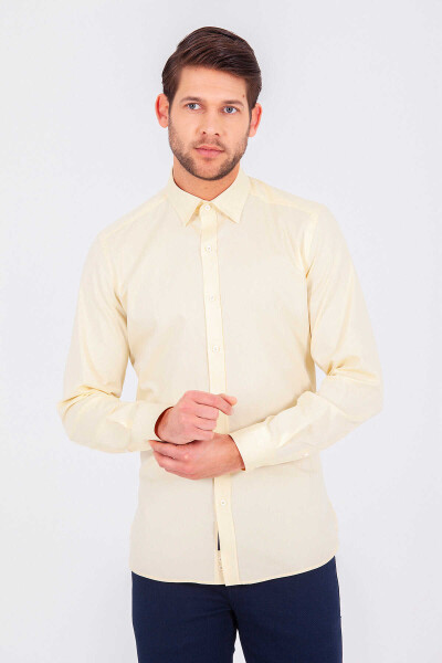 Sarı Slim Fit 100% Pamuk Uzun Kol Oxford Gömlek 