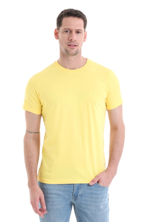 HTML - Sarı Regular Fit Düz 100% Pamuklu Bisiklet Yaka Tişört