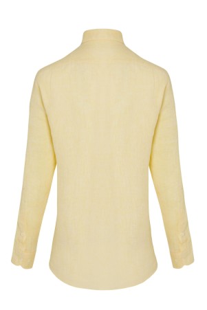 Sarı Regular Fit Düz 100% Keten Uzun Kol Gömlek - Thumbnail