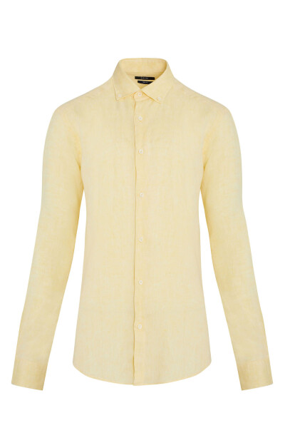 Sarı Regular Fit 100% Keten Uzun Kol Gömlek - 2