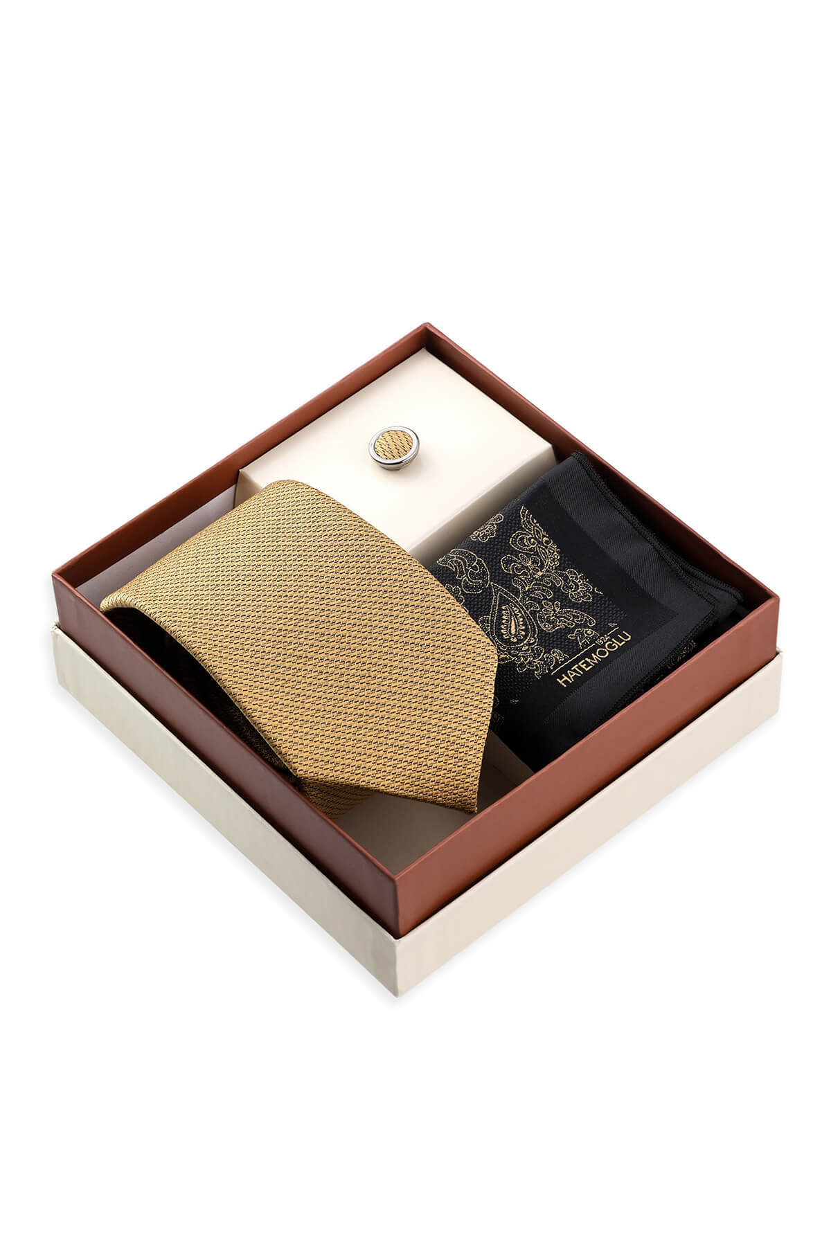 Sarı Üçlü Yaka Rozeti Kravat Mendil Set - 1