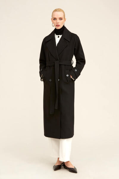 Saykı Woman Siyah Dinamik Fit Ceket Yaka Kaşe Yünlü Manto - 1