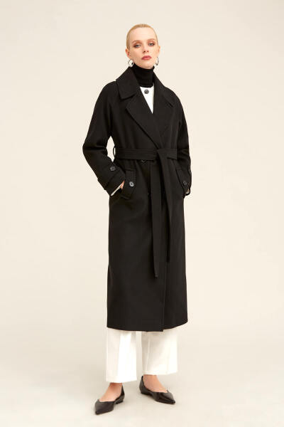 Saykı Woman Siyah Dinamik Fit Ceket Yaka Kaşe Yünlü Manto - 3