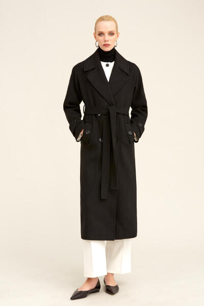 Saykı Woman Siyah Dinamik Fit Ceket Yaka Kaşe Yünlü Manto - 4