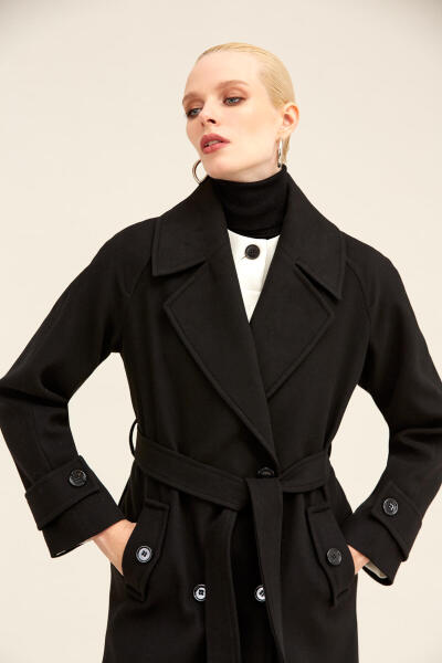Saykı Woman Siyah Dinamik Fit Ceket Yaka Kaşe Yünlü Manto - 6