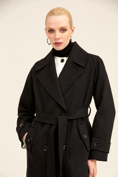 Saykı Woman Siyah Dinamik Fit Ceket Yaka Kaşe Yünlü Manto - 7