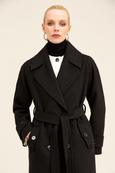 Saykı Woman Siyah Dinamik Fit Ceket Yaka Kaşe Yünlü Manto - 12