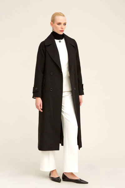 Saykı Woman Siyah Dinamik Fit Ceket Yaka Kaşe Yünlü Manto - 19