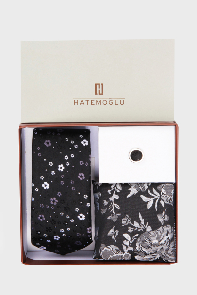 Siyah Üçlü Kravat Mendil Yaka Rozeti Set - 2