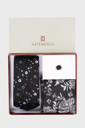 Siyah Üçlü Kravat Mendil Yaka Rozeti Set - 4